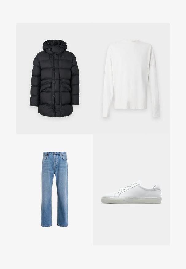 Schwarze Pufferjacke mit Kapuze, die über große gesteppten Abschnitte, zwei Fronttaschen, einen durchgehenden Knopfverschluss und verstellbare Zugbänder verfügt.; Langärmliges weißes Baumwollhemd mit rundem Ausschnitt, seitlichen Schlitzen am unteren Rand und glatter Textur, von hinten präsentiert.; Helle blaue Jeans im Geradeschnitt-Design, mit fünf Taschen, Knopfverschluss, minimaler Ausbleichung und kontrastierenden Nähdetails.; Weißer Sneaker mit glattem Lederobermaterial und niedrigem Profil. Verfügt über eine runde Zehenpartie, sechs Ösen und eine strukturierte Gummisohle.