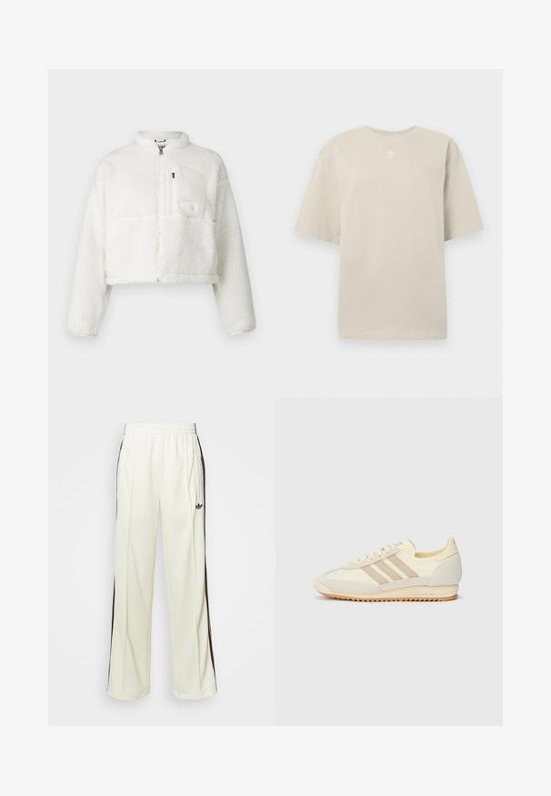 Biela skrátená fleece bunda s vysokým golierom, zipsovým zapínaním a logom na vrecku na hrudi. Mäkká textura, dlhé rukávy a voľný strih.; Béžové tričko s krátkym rukávom vyrobené z bavlny, s okrúhlym výstrihom a malým bielym logom Adidas vytlačeným na hrudi. Mäkká textúra, voľný strih.; Krémové mikinové nohavice s voľným strihom, so tmavohnedými bočnými pruhmi a vyšitým logom na ľavom stehne.; Krémové športové tenisky s tromi béžovými pruhmi, z kombinácie semišu a textilného materiálu, so štruktúrovanou podrážkou a reliéfne navrhnutým logom na päte.