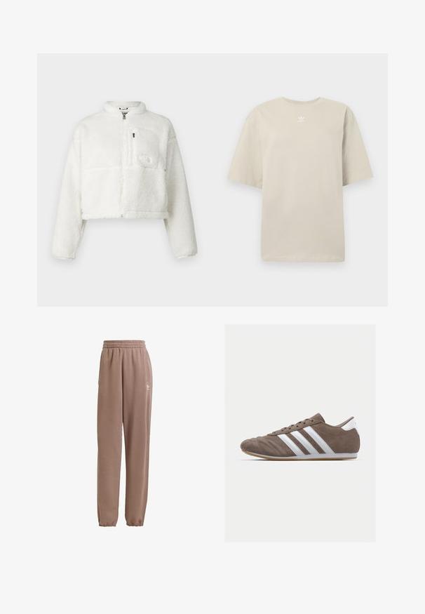 Giacca in pile bianca cropped con collo alto, chiusura con zip e patch logo sulla tasca del petto. Tessuto morbido, maniche lunghe e vestibilità rilassata.; T-shirt beige a maniche corte in cotone, con collo rotondo e piccolo logo Adidas bianco stampato sul petto. Tessuto morbido, vestibilità comoda.; Pantaloni della tuta marroni realizzati in tessuto morbido, dotati di vita elastica, tasche laterali e polsini elastici, con un accento di logo bianco.; Scarpa sportiva in suede marrone con strisce bianche, punta tonda, design con lacci e suola in gomma. Parte superiore testurizzata con dettagli cuciti.