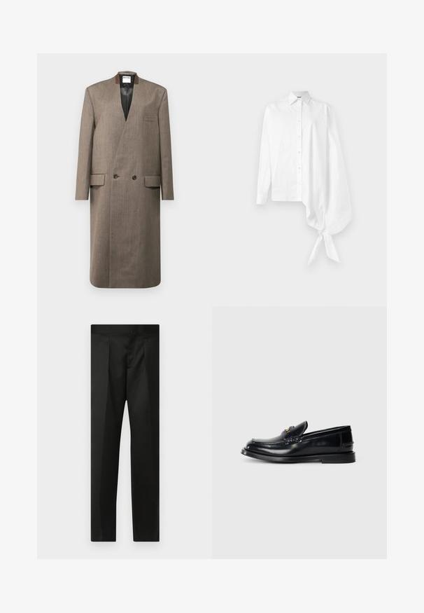 Brūns vilnas mētelis ar dubultā slēgšanas dizainu, izgriezta apkakle, divas priekšējās kabatas un gluda tekstūra. Oderēta iekšpuse un pielāgota griezuma.; Balta garā piedurkne krekls ar pogu, ar asimetrisku pārspīlētu gathered piedurkni, kas sasieta ap plaukstu labajā pusē.; Melnas bikses ar gludu audumu, pielāgotu dizainu, taisnām kājām un platu jostu bez redzamām aizdaram vai kabatām.; Melna ādas loaferi ar izšuvuma dizainu, nelielu priekšējo atloku un plakanu gumijas zoli. Gluda tekstūra ar zeltainām detaļām.