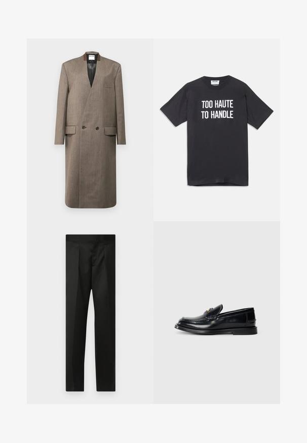 Pruun villane mantel koos topeltkanga disainiga, nurgelise krae, kahe esikaameraga ja sujuva tekstuuriga. Voodoreeritud sisemus ja kohandatud lõige.; Must must nohikuga mustriga t-särk, lühikeste varrukatega ja ümmarguse kaelusega, mille esiküljel on valge tekst "TOO HAUTE TO HANDLE".; Mustad püksid, millel on sile kangas, täpselt valmistatud disain, sirged sääred ja lame vöökoht, ilma nähtavate kinnituste või taskuteta.; Mustast nahast loafer, millel on õmmeldud muster, väike esiflap ja lame kummist tald. Sujuv tekstuur kuldse viimistlusega.