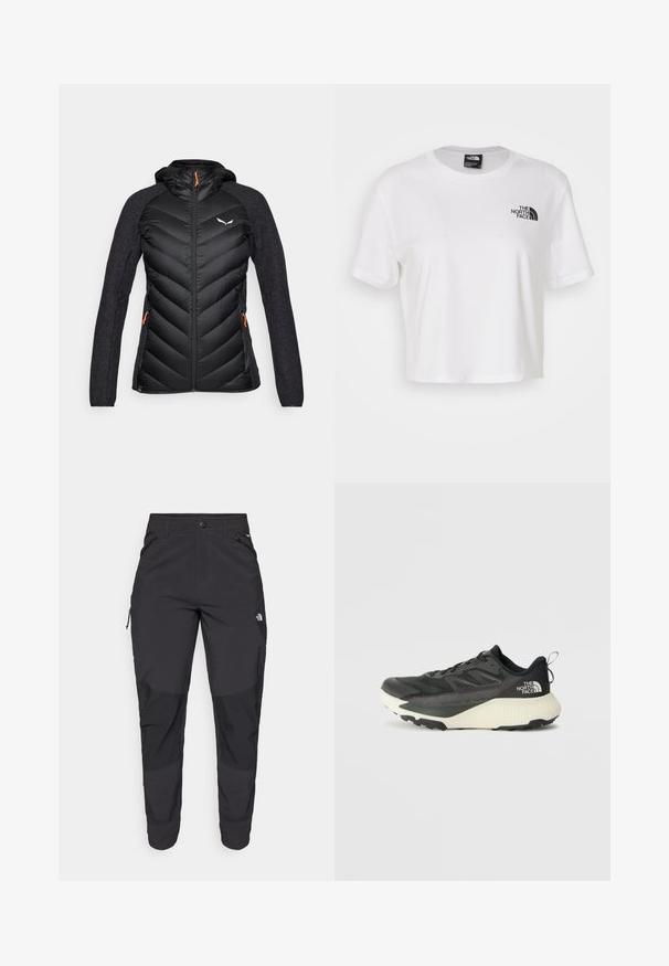 Salewa FANES SARNER RDSDWN HYBRID JACKET. - Piumino - black out; T-shirt bianco cropped in cotone con scollo rotondo e maniche corte. Presenta un logo nero sul lato sinistro del petto.; Pantaloni neri da esterno realizzati in tessuto durevole. Presentano tasche con zip, pannelli rinforzati sulle ginocchia e un design a taglio dritto per la massima mobilità.; Scarpa da ginnastica nera con tomaia testurizzata, con accenti grigi e un sottopiede bianco. Include una linguetta sul retro e un logo del marchio ben visibile sul tallone.