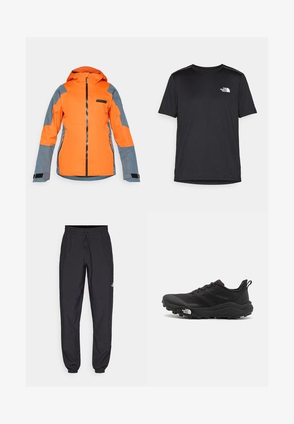 Kirkas oranssi ja harmaa hupparitakki, jossa on etuvetoketju, vetoketjulliset sivutaskut ja säädettävät rannehihat, suunniteltu ulkokäyttöön.; Mustapaita lyhyillä hihoilla, joka on valmistettu kevyestä kankaasta. Siinä on pieni valkoinen logo vasemmassa rinnassa ja huomaamattomia olkakoristeita.; Mustat urheiluhousut, jotka on valmistettu kevyestä kankaasta. Housuissa on naru vyötäröllä, sivutaskut ja kapenevat hihnat nilkoissa.; Musta maastojuoksukengät, joissa on teksturoitu päällinen, kumipohja ja vahvistettu varvastoppia. Varusteena pehmustettu nilkkakappale ja vetotappi helppoa pukemista varten.