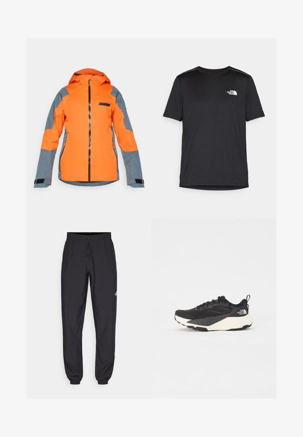 Erakordne oranž ja hall kapuutsiga jope, millel on ees lukk, lukuga küljetaskud ja reguleeritavad randme rihmad, mõeldud välitingimustes kasutamiseks.; Must mustaöödiga must T-särk, mis on valmistatud kerge riidekanga. Esiküljel on vasakul rinnal väike valge logo ning õlgadel on peened aktsendid.; Mustavad sportlikud püksid, mis on valmistatud kergest kangast, joonlauaga taljest, küljetaskudega ja kitsenevate varrukatega pahkluude juures.; Must have musta sportlik king, millel on tekstureeritud võrgu ülemine osa, soliidne mustade aktsentidega ja kerge valge tallaga. Omab kinnituspaelu ja tõmbeaset.