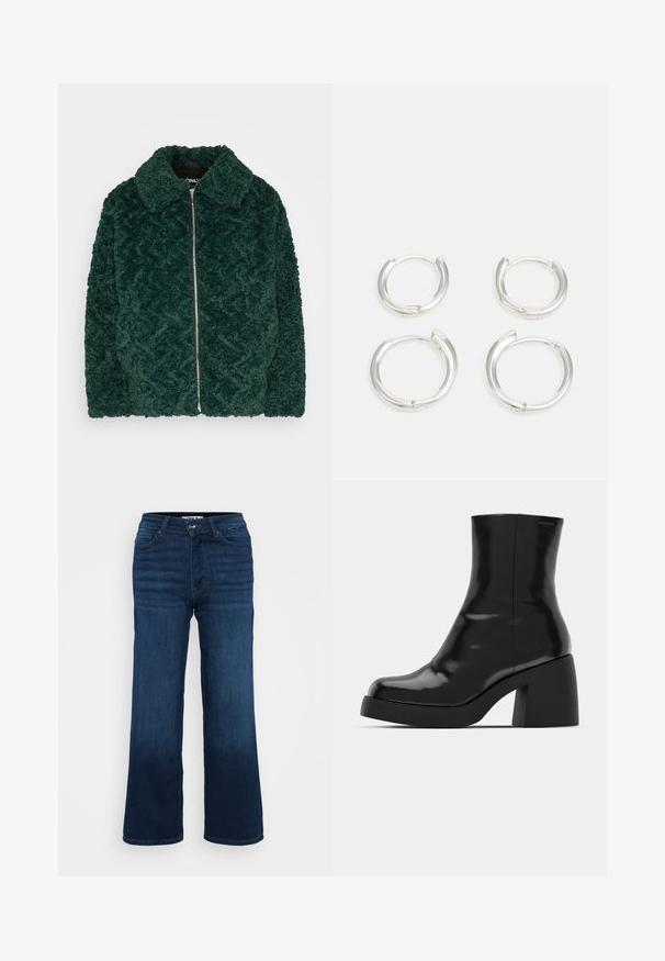 Tamsiai žalia, puri fliso striukė su deimantų raštu, užtrauktuku ir smailiu apykakle. Minkšta faktūra ir didelis priekinis paviršius.; Even&Odd Petite 2 PACK - Viršus - light grey/black; ONLY Petite ONLMADISON BLUSH WIDE - Platėjantys džinsai - dark blue denim; Juodi kulkšniniai batai su blizgiu paviršiumi, kvadratiniu pirštu ir storu blokiniu kulnu. Dizainas pasižymi be siūlių siluetu ir minimalia ženklinimo. ; Sidabriniai auskarai žiedai, turintys lygaus, blizgaus paviršiaus. Du poros, su šiek tiek skirtingais dydžiais. Paprastas, apvalus dizainas, lengvi.
