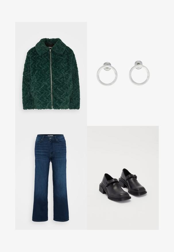 Tmavozelená, plyšová fleecová bunda s diamantovým vzorom, so zipsom a špicatým golierom. Mäkká štruktúra a veľká predná plocha.; Even&Odd Petite 2 PACK - Top - light grey/black; ONLY Petite ONLMADISON BLUSH WIDE - Široké nohavice - dark blue denim; Čierne kožené topánky s okrúhlou špičkou, plochou podrážkou a remienkom s detailom pracky. Hrubý blokový opätok pre väčšiu stabilitu.; Strieborné kovové náušnice vo forme kruhov s brúsenou textúrou, so zaobleným dizajnom a priehľadným zarážkou pre bezpečné nosenie.