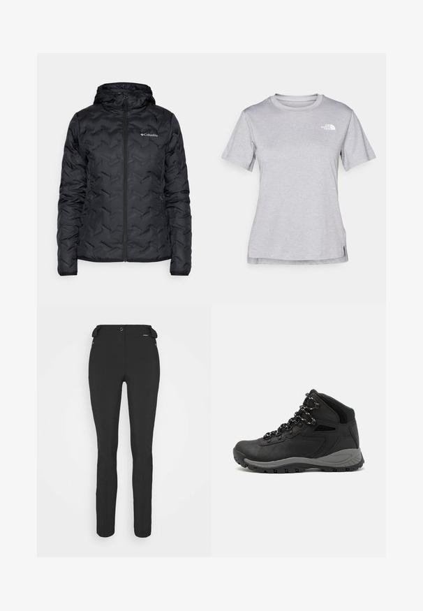 Casaco isolante preto com capuz, apresentando uma textura acolchoada, fecho frontal com zipper e o logótipo da Columbia no peito esquerdo.; T-shirt cinza de mangas curtas feito de um tecido suave e que absorve a humidade. Apresenta um decote redondo e um pequeno logotipo branco na parte superior esquerda.; Calças pretas, ajustadas, feitas de um material flexível. As características incluem um bolso lateral com fecho éclair, joelhos articulados e uma textura suave.; Bota de caminhada preta com design de cano médio, apresentando um upper texturizado, detalhes cinzentos e sola de borracha durável com cravos de tração.