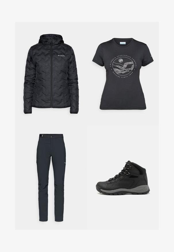 Juodas izoliacinis švarkas su kapišonu, pasižymintis siuvinėjimo raštu, priekiniais užtrauktukais ir "Columbia" logotipu kairiajame krūtinės šone.; Juodas "Columbia" marškinėliai su balta apskrita kalnų ir upės linijų grafika bei tekstu "Columbia Sportswear Company Lauke nuo 1938 metų."; Vyrų lauko kelnės, tamsiai pilkos, pagamintos iš elastingos medžiagos, su diržu, užtrauktukais užtraukiamomis kišenėmis ir sustiprinta siūle.; Juodas žygio botas su vidutinio aukščio dizainu, pasižymintis tekstūruota viršutine dalimi, pilkų akcentų ir patvaria guma padanga su sukibimo gumbais.