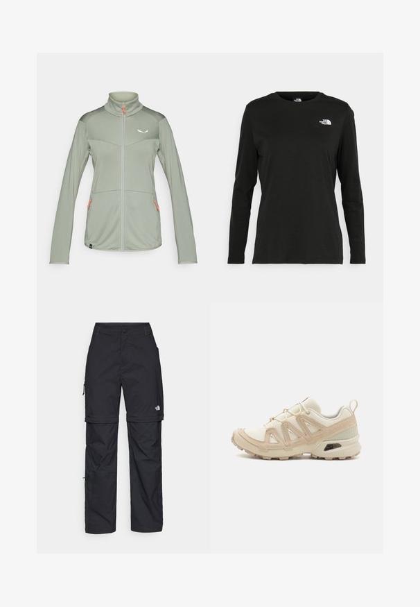 Lys grøn zip-up jakke med høy krage, teksturert stoff, to frontlommer med oransje glidelåser, og et logo på brystet.; Svart langermet T-skjorte laget av bomull med rund hals. Har en liten hvit logo på venstre brystområde. Enkelt design og passform.; Svarte nylon cargo-bukser med glidelås og justerbare mansjetter, flere lommer og en logo på høyre bein. Glatt, lett tekstur.; Beige og krem joggesko med teksturert mesh-overdel, støttende overlegg og gummisåle med et mønster for godt grep.