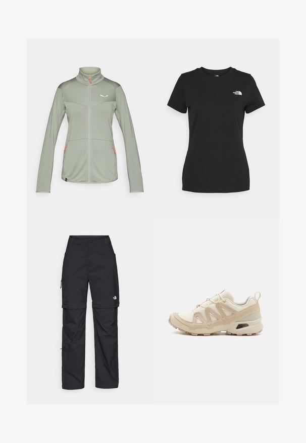 Svetlo zelena zip-jakna z visokim ovratnikom, strukturirana tkanina, dva sprednja žepa z oranžnimi zadrgami in logotipom na prsih.; Črna bombažna majica s krožnim izrezom in kratkimi rokavi. Opazna bela oznaka na zgornji levi strani. Gladka tekstura, sproščen kroj.; Črne najlon hlače z zipom, ki se lahko odstranijo, s prilagodljivimi manšetami, več žepi in logotipom na desni nogi. Gladka, lahka tekstura.; Bež in krem športni čevlji z teksturiranim mrežastim zgornjim delom, podpornimi prekrivali in gumijastim podplatom z vzorcem za oprijem.