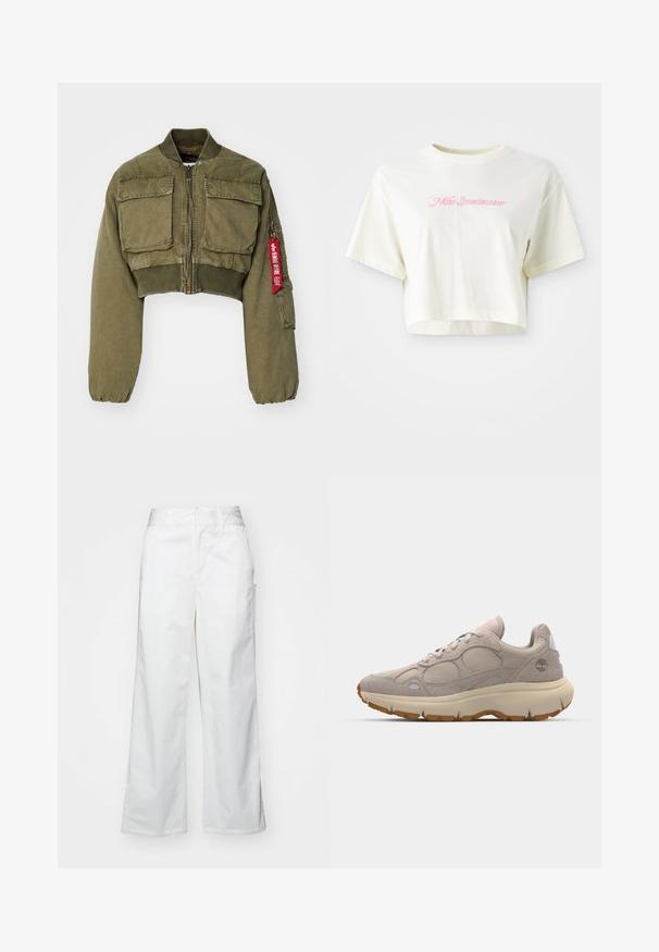 Alpha Industries MULTIPOCKET FLIGHT JACKET - Giubbotto Bomber - olive; T-shirt tagliato di colore crema, realizzato in cotone. Presenta un logo ricamato rosa che dice "Nike Sportwear." Maniche corte e scollo rotondo.; Pantaloni bianchi a gamba larga realizzati in cotone, con una texture liscia, vestibilità dritta, tasche frontali e orlo pulito.; Sneaker beige chiaro con una combinazione di materiali in suede e rete, forma arrotondata, suola spessa color crema e dettagli in gomma di colore più scuro.