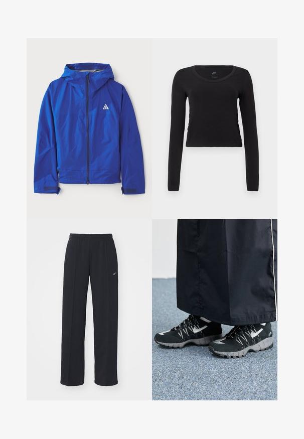 Sinine veekindel jope kapuutsiga, lukuga ees, reguleeritavad mansetid ja logoga kolmnurga detail. Omab sileda ja kerget kangast.; Pikade särgid, lühikeste varrukatega lühikese seljaga mustast puuvillast. Omab ümmargust kaelust ja kerget külje kokkuvõtet, et saavutada vormitud välimus.; Mustad mustad Nike spordipüksid elastse vöökohtade ja küljetaskutega, millel on väike valge logo vasakul jalal ja sirge lõike disain.; Mustad mustrehilised mustad spordijalatsid, millel on tekstuurne pealmine osa, hõbedased aktsendid ja mustriga tallaosad, koos musta pika riietusega. Seatud sinise vaiba taustale.