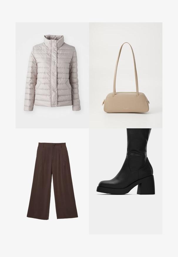 Lätt, beige puffjacka med kort krage, tryckknappar, horisontell quiltad design och två sidofickor.; Randig skjorta i brun och vit, med långa ärmar, spetsig krage och rundad nederkant. Texturerad tyg med vertikala ränder.; Vida byxor i mörkbrunt tyg, med två framdrag, en slät textur och en enkel design med bältesömmar.; Svart läderstövel som går till mitten av vadens längd, med kraftig klack och rund tå, visad i sidoprofil mot vit bakgrund.; Beige läderhandväska med en slät yta, rektangulär form, två handtag och hårdvara i guldton. Har en dragkedjestängning på ena sidan.