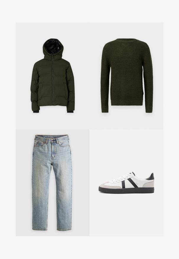 Olivově zelený péřový kabát s kapucí, opatřený zipem, elastickými manžetami a černou podšívkou. Design je prošívaný pro lepší izolaci.; Olivově zelený pletený svetr s kulatým výstřihem, dlouhými rukávy a žebrovanými manžetami. Má texturovaný vzor a volný střih.; Svetle modré džíny z denimu s vysokým pasem, předním knoflíkem, zipem a designem s pěti kapsami, ležící rovně na neutrálním pozadí.; Bílé tenisky s černými a šedými akcenty, opatřené texturovaným šedým prstovým krytem, černou gumovou podrážkou a plochými bílými tkaničkami. Čistý design, minimalistický styl.