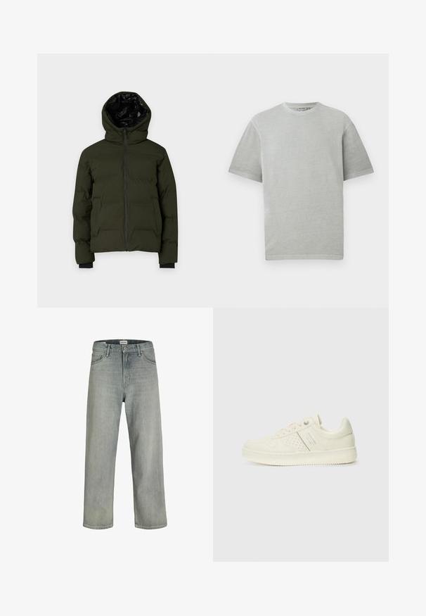 Oli ļaudīga pūkains jaka ar kapuci, kas satur rāvējslēdzēju, elastīgus piedurkņu galus un melnu iekšējo oderi. Dizains ir quiltēts izolācijai.; Gaiši pelēks t-krekls ar īsām piedurknēm un apaļu kakla izgriezumu, attēlots uz vienkārša balta fona.; Gai pelēki, brīvi pieguļoši džinsi no denima. Iekļauj klasisku piecu kabatu dizainu, jostas cilpas un taisnu kāju siluetu.; Krēmbaltie sporta apavi ar perforētu detaļām, auklām un logotipu sānos, attēloti uz vienkārša baltā fona.