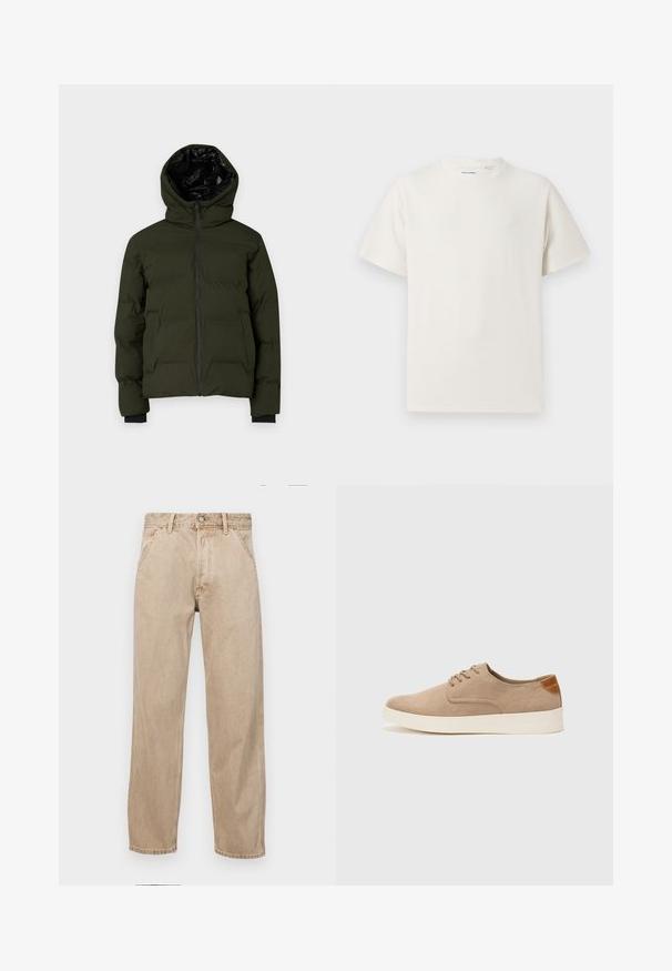 Olivgrüne Pufferjacke mit Kapuze, ausgestattet mit einem Reißverschluss, elastischen Bündchen und einem schwarzen Innenfutter. Das Design ist gesteppt für zusätzliche Isolierung.; Weißes T-Shirt mit kurzen Ärmeln in gerippter Textur. Runder Ausschnitt, lockere Passform, keine sichtbaren Muster oder Akzente. Einfaches und vielseitiges Design.; Beige Denim-Jeans mit geradem Beinschnitt, ausgestattet mit Vordertaschen, einem Metallknopfverschluss und feiner Textur.; Beige Wildleder-Sneaker mit runder Zehenpartie, Schnürung und strukturiertem Rückenteil. Die weiße Gummisohle sorgt für einen Kontrast. Einfaches und modernes Design.