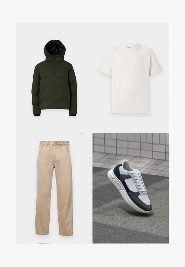 Chaqueta acolchada verde oliva con capucha, que cuenta con cierre de cremallera, puños elásticos y un forro interior negro. El diseño está acolchado para proporcionar aislamiento.; Camiseta blanca de manga corta en textura acanalada. Cuello redondo, corte relajado, sin patrones ni acentos visibles. Diseño simple y versátil.; Jeans de mezclilla beige con un diseño de pierna recta, que cuentan con bolsillos frontales, cierre de botón de metal y una textura sutil.; Zapatilla blanca, azul marino y gris con un diseño de materiales mixtos, que presenta una parte superior texturizada, cordones planos y una suela acolchada.