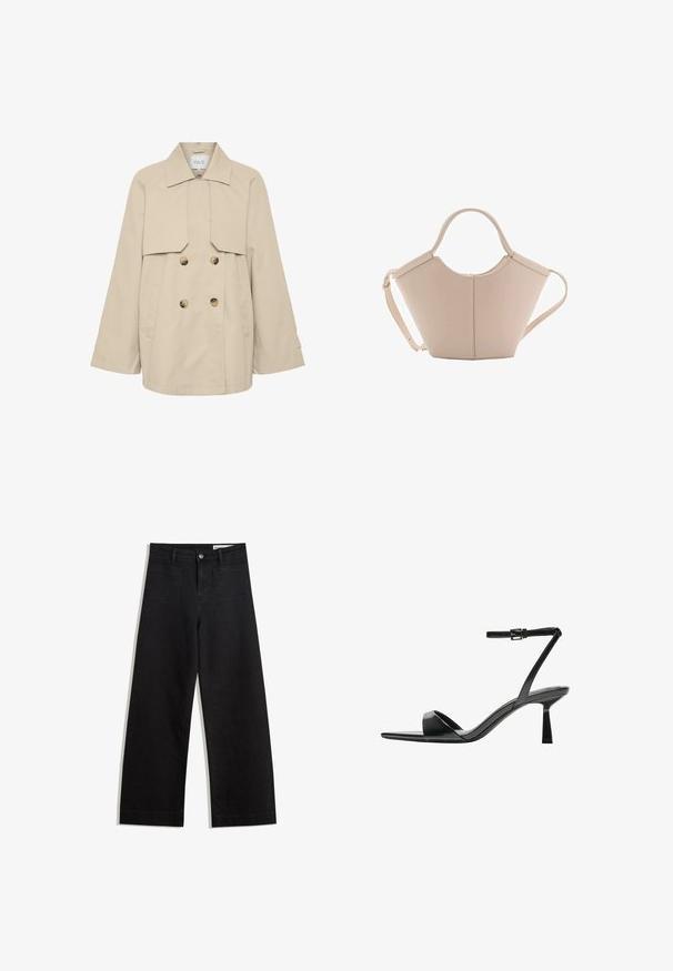 Bež plašč z dvojnim zapenjanjem z širokim ovratnikom, dolgimi rokavi, dvema sprednjima žepoma in rjavimi gumbi. Gladek, lahek material.; Temno rjav pleten pulover s krožnim izrezom, spuščenimi rameni, rebrastimi manšetami in robom, ki se ponaša z mehko teksturo in sproščenim krojem.; Črne široke denim hlače z visokim pasom, ki imajo sprednje in zadnje žepe, šivane šive ter gumbasto zapiranje. Gladka tekstura.; Bershka Sandali z visoko peto - black; Bežna usnjena torbica edinstvene oblike, z dvema kratkima ročajema in dolgim nastavljivim trakom. Gladka tekstura z minimalno kovinsko opremo.