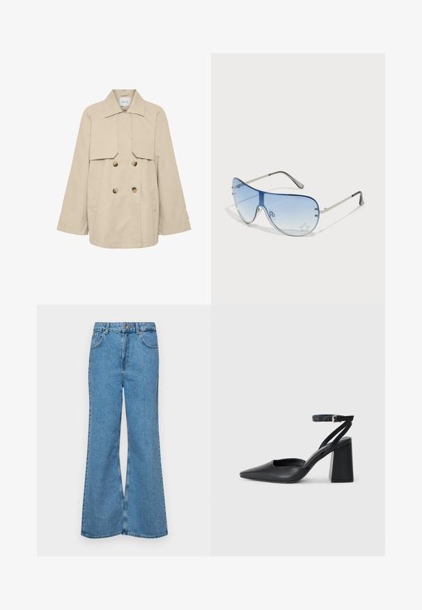 Beige divkrūšu lietusmētelis ar plašu apkakli, garām piedurknēm, divām priekšējām kabatām un brūniem pogām. Gluda, viegla auduma konstrukcija.; Balta kokvilnas t-kreklu ar īsām puff piedurknēm, ar nelieliem sudraba rotājumiem gar piedurknēm. Klasisks apaļš izgriezums, brīvā piegriezuma.; Gaiši zili, platā piegriezuma džinsi, kas izgatavoti no denima, ar augstu jostasvietu, piecām kabatām un vienu pogu. Mīksta tekstūra ar nolietotu apdari.; Melna ādas augstpapēžu kurpe ar norakstīto purngala formu, potītes siksniņu un masīlu papēdi. Gluda tekstūra, elegants dizains un minimālisma estētika.; Pilotstila saulesbrilles ar gradienta zilām lēcām, sudraba metāla rāmjiem un dekoratīvām zvaigžņu akcentiem uz lēcām. Gluda un eleganta dizaina.