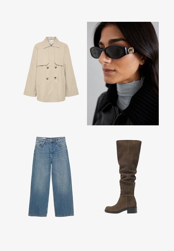 Trench coat color beige a doppio petto con ampio colletto, maniche lunghe, due tasche frontali e bottoni marroni. Tessuto liscio e leggero.; Top bianco a maniche lunghe realizzato in tessuto morbido. Caratterizzato da un collo rotondo, spalle cadenti e una vestibilità rilassata con orlo leggermente curvato.; Jeans a gamba larga di colore azzurro chiaro in denim. Presentano cinque tasche, una chiusura con bottone e un orlo pulito. Sbiaditi su tutta la superficie per un effetto di texture.; Stivali alti in suede marrone con design morbido, punta rotonda e tacco basso a blocco. Texture liscia con semplici dettagli di cucitura.; Occhiali da sole neri con una montatura rettangolare elegante e un accento del logo dorato sul lato. Le lenti scure e la finitura lucida sono evidenti.; Borsa a tracolla in similpelle verde con due manici allungati, forma rettangolare, texture liscia e cuciture visibili lungo i bordi.