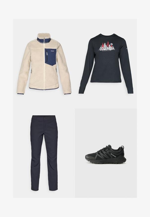 Beež fliiskate koos tumesinise aktsendiga, kõrge kraega, esitaskuga ja lukuga ees. Pehme tekstuur, elastsete cuffs'ide ja hemiga.; Pikend varrukatega tumehall särk, millel on punaste puude ja mägede graafika; "COLUMBIA" logo julge valge tekstiga. Pehme kangas, tavaline ümmargune kaelus.; Tumedat sinised püksid sujuva kangaga, millel on esiääre nuppude sulgemine, kitsas lõige ja volditud detailid põlvede piirkonnas.; Columbia PEAKFREAK - Matkajalatsid - black