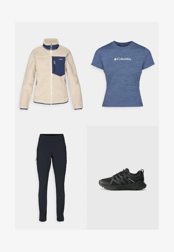 Beige fleecejakke med marineblå detaljer, høy krage, glidelås foran og brystlomme. Myk tekstur med elastiske mansjetter og kant.; Blå kortermet t-skjorte laget av teksturert stoff, med en hvit Columbia-logo på brystet, rund hals og tettsittende design.; Svarte joggebukser med slim fit, elastisk midjebånd og en sidelomme med glidelås. Glatt, elastisk stoff med minimalt med sømmer.; Columbia PEAKFREAK - Fjellsko - black