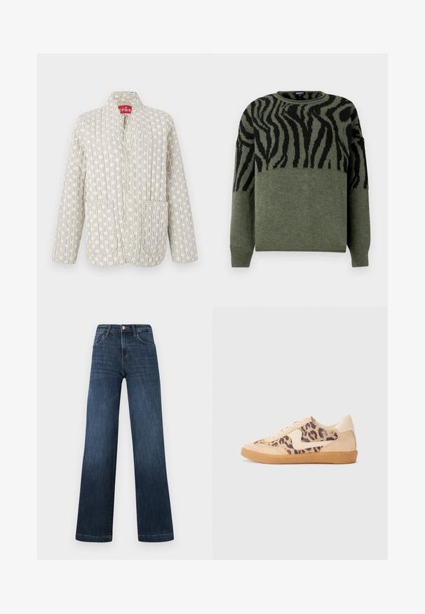 Prošívaná bunda v krémové barvě s černými liniovými vzory. Má límec, dvě přední kapsy a zapínání na patentky. Lehká tkanina.; Svetr se zebřím vzorem v tmavě zelené a černé barvě, pletená textura, kulatý výstřih, dlouhé rukávy, s kontrastním designem v horní části.; Tmavě modré denimové džíny se širokými nohavicemi, obsahující pět kapes a přední zapínání na knoflík. Hladká textura a klasické švy.; Tenisky s leopardím vzorem, s béžovým semišovým svrškem, hnědou gumovou podrážkou a bílými akcenty. Kulatý špička a šněrovací design s texturovaným povrchem.