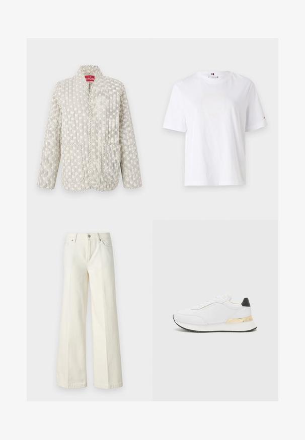 Giacca trapuntata in crema con motivi lineari neri. Presenta un colletto, due tasche frontali e una chiusura a scatto. Tessuto leggero.; T-shirt bianco in cotone con scollo rotondo, maniche corte e un discreto logo giallo che recita "HILFIGER NEW YORK 1985." Vestibilità standard.; Jeans bianchi a gamba larga realizzati in tessuto misto cotone. Presentano una chiusura lampo, design a cinque tasche e cuciture lungo le cuciture.; Sneaker bianco con finitura liscia, caratterizzato da un accento sul tallone nero e un dettaglio metallico dorato sulla suola intermedia. Design con lacci, suola in gomma.