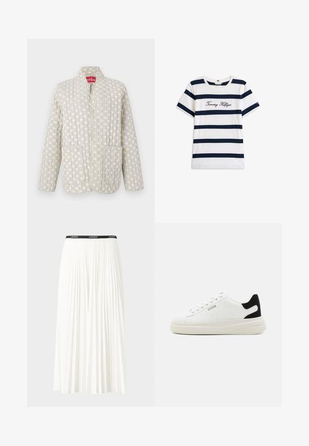 Kreemivärvi tikitud jakk mustade sirgete mustritega. Omab kraed, kahte esimest taskut ja nupukinnitust. Kerge kangas.; Puuvillane T-särk horisontaalsete tumesiniste triipudega valgel taustal. Rinnal on kiri "Tommy Hilfiger" kantud kursiivis. Ümmargune kaelus.; Kurtitudega valge seelik musta elastse vööga, millel on "LACOSTE" logo. Keskmise pikkusega disain pehme tekstuuriga.; Valged nahast tennisetossud paksu valge tallaga, musta sametist kontsakeeuga ja külje peal riigilogo reljeefne kujundus. Lukkeskeem kuue silmaauguga.