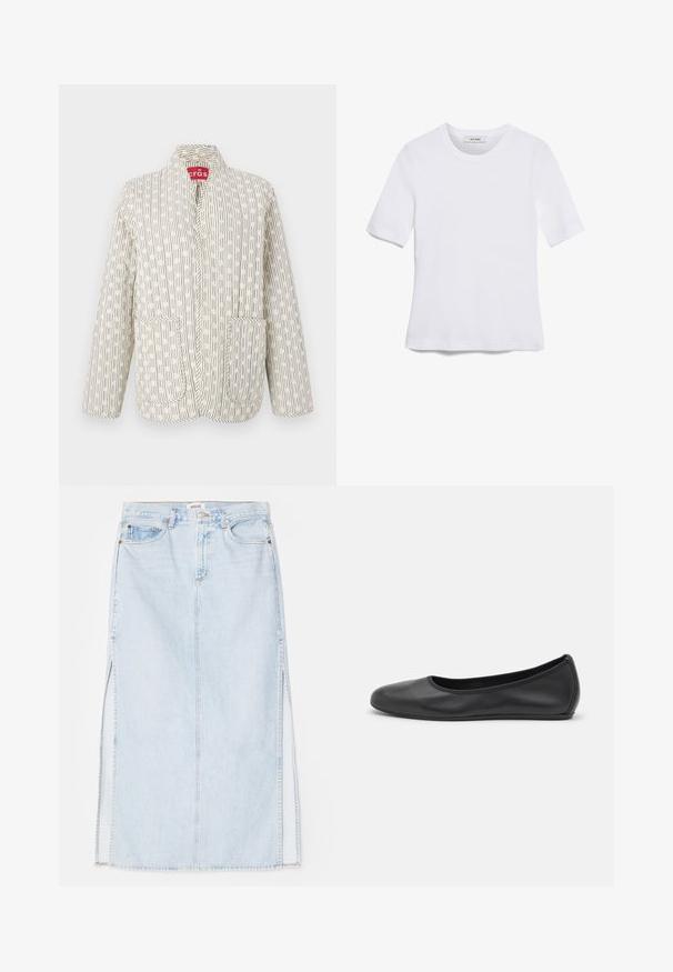 Quilted jacket in cream with black linear patterns. Features a collar, two front pockets, and a snap closure. Lightweight fabric.; White short-sleeve t-shirt made of ribbed fabric. Round neckline, regular fit, and subtle stitching details. No patterns or graphics.; Light blue denim maxi skirt with a straight cut, featuring side slits and five-pocket design. Prominent stitching and metal button closure.; Black leather ballet flat with a rounded toe, smooth texture, minimal stitching detail, and a flexible sole design.