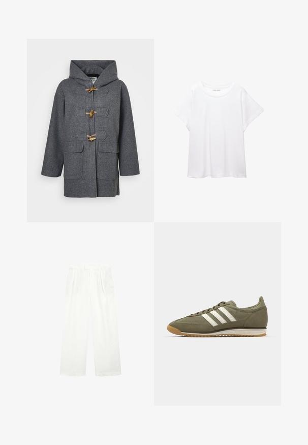 Grå uld duffeljakke med hætte, lukninger med toggles, to forlommer og glat tekstur. Designet til varme og komfort.; Hvid T-shirt lavet af blødt, let stof. Har en rund halsudskæring og korte, brede ærmer med en afslappet pasform. Ingen synlige mønstre.; Hvide bukser med vidde lavet af et let materiale, som har en flad front, læg og en taljebånd, der giver en løs og luftig pasform.; Grøn mockasinsneaker med meshpaneler, tre hvide striber og en gummirubber ydersål. Har runde snørebånd og et lavt design.