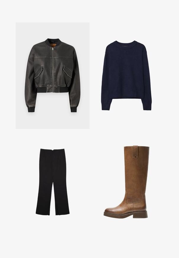 Crna kožna bomber jakna s krojenim dizajnom, rebrastim manžetama i rubom, dva prednja džepa i vidljivim šavovima.; Tamno plavi pleteni pulover, mekana tekstura, okrugli izrez, spuštena ramena, skraćena dužina, rebrasti manžeti i donji rub.; Crne hlače ravnog kroja, s prednjim džepovima i bočnim prorezima na rubu. Izrađene od mekog i glatkog materijala. Pogodne za razne prigode.; Smeđe kožne čizme do koljena s zaobljenim nosom, teksturiranom površinom i niskim debljim potplatom. Imaju bočni panel i povlačnu traku na vrhu.