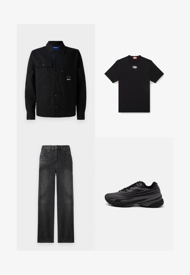 Melnā krekla forma ar pogām, izgatavota no bieza auduma, ar divām priekšējām kabatām, spiežamām pogām un logotipa uzšuvumu kreisajā kabatā. Klasisks dizains un piegriezums.; Melnas kokvilnas T-krekls ar apaļu kakla izgriezumu un īsām piedurknēm. Uz priekšpuses centrā ir neliels, sudraba krāsas noslēpuma logotips izšūts.; Melni taisni denim džinsi ar piecām kabatām, jostu cilpām un viegli izbalējušu audumu, kas piešķir struktūru.; Melnas skriešanas kurpes ar teksturētu virsu, kurai ir pelēkas svītras. Biezs zole nodrošina amortizāciju, apaļa purngalu un plakanas šņorītes, lai nodrošinātu drošu piegulšanu.