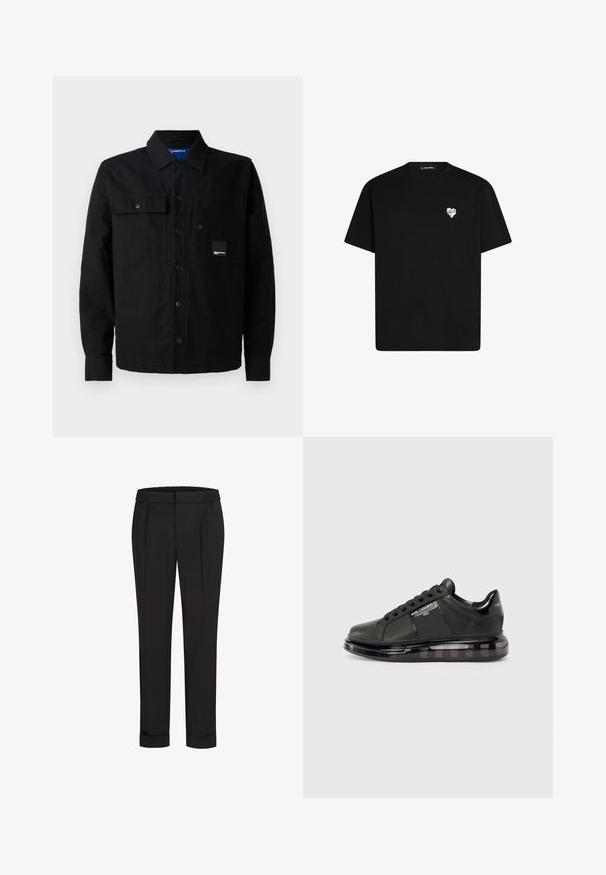 Juodas marškinėliai su užsegimu, pagaminti iš storos medžiagos, su dviem priekinių kišenių, spaustukais ir logotipo etikete ant kairės kišenės. Klasikinis dizainas ir pritaikymas.; Juodas medvilninis marškinėliai su trumpomis rankovėmis, apvaliu iškirpimu ir mažos baltos širdelės grafika kairėje krūtinės pusėje.; Juodi kelnių su elastinga juosmena, tiesaus kirpimo ir sukurtomis rankovėmis. Pagaminti iš lygaus, audinio be raštų.; Juodi sportiniai bateliai su lygiu odiniu apdailu, suapvalintu nosiu ir raištelių dizainu. Ypatybės apima skaidrų, paminkštintą pado su tamsiu gradientu.