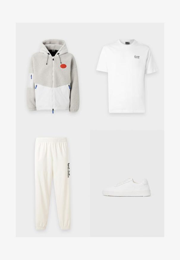 Grå fleecetröja med zip, vit nederdel, huva, blå dragkedjeaccenter och en orange logotyp på bröstet. Strukturerad och mysig design.; Vit bomull t-shirt med rund halsringning, korta ärmar och en svart EA7-logotyp på vänster bröst. Slät, enfärgad textur.; Ljusbeige sweatpants med elastiskt midjeband och elastiska muddar. Har en svart tryckt logotyp på vänster ben. Mjuk tygkvalitet.; Vit sneaker med en slät läderöverdel, rund tå, snören, strukturerade sidodekorationer och en tjock gummisula. Minimalistisk design.