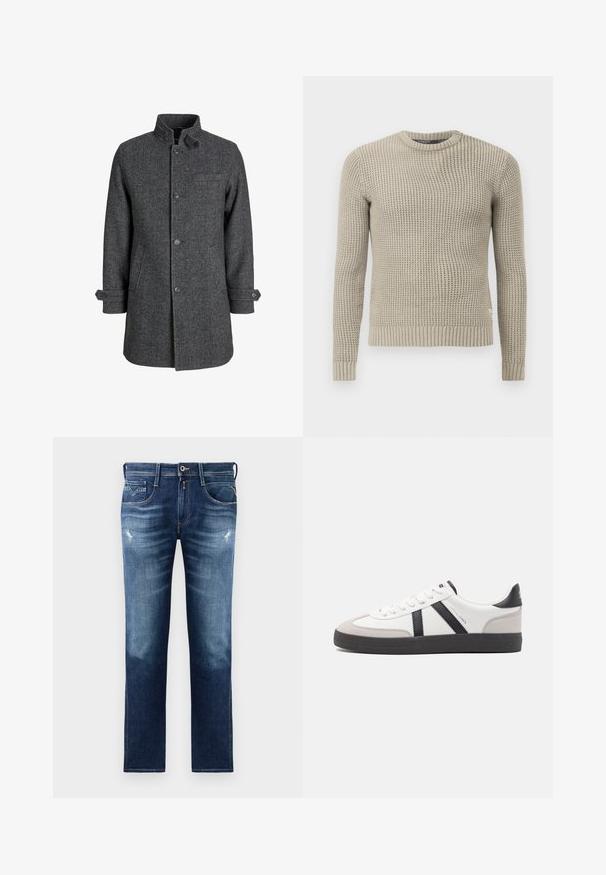 Dunkelgrauer Wollmantel mit Fischgrätmuster, hohem Kragen, vorderen Knöpfen und Seitentaschen, ausgestattet mit verstellbaren Bündchen.; Beige gestrickter Pullover mit langen Ärmeln, gerippten Bündchen und Saum, Rundhalsausschnitt, strukturiertem Muster, aus weichem Material hergestellt.; Blaue Denim-Jeans mit regulärer Passform, ausgestattet mit einer verwaschenen Optik, leichten Gebrauchsspuren, fünf Taschen und Kontrastnähten. Knopfverschluss am Bund.; Weiße Sneaker mit schwarz- und grau-aczenten, ausgestattet mit einer strukturierten grauen Zehenkappe, schwarzer Gummi-Sohle und flachen weißen Schnürsenkeln. Sauberes Design, minimalistische Stil.