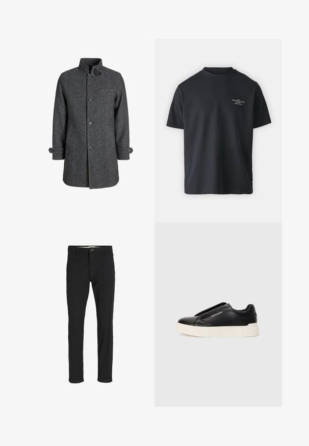 Tmavošedý vlněný kabát s herringbonovým vzorem, vysokým límcem, předními knoflíkmi a bočnými vreckami, vybavený nastaviteľnými manžetami.; Čierne bavlnené tričko s okrúhlym výstrihom, krátkymi rukávmi a malým bielym potlačeným textom na prednej strane, so voľným strihom a hladkým povrchom.; Čierne nohavice z bavlneného zmesi so štíhlym strihom, s gombíkovým zapínaním, vreckami a založenými manžetami pre ležérny vzhľad.; Čierne tenisky na gumenú podrážku so štruktúrovaným koženým vrchom, biela gumová podrážka a žiadne viditeľné šnúrky. Na boku sa nachádza logo značky.
