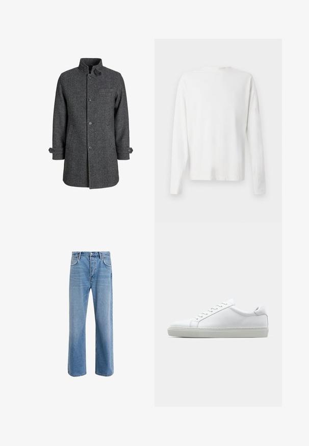 Manteau en laine gris foncé avec un motif en chevrons, col haut, boutons à l'avant et poches latérales, avec des poignets réglables.; Chemise en coton blanc à manches longues avec un col rond, fentes latérales en bas et une texture lisse, présentée de dos.; Jeans en denim bleu clair avec une coupe droite, cinq poches, fermeture à bouton, peu d'usure et des détails de couture contrastés.; Sneaker blanche avec une tige en cuir lisse et un profil bas. Présente un bout arrondi, six œillets et une semelle en caoutchouc texturé.