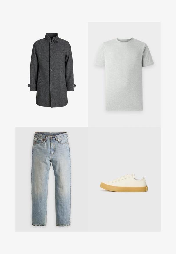 Mørk grå ullkåpe med fiskebensmønster, høy krage, frontknapper og sidelommer, med justerbare cuffs.; Lys grå kortermet T-skjorte med rund hals vist på hvit bakgrunn, frontvinkel uten synlige logoer eller design.; Lys blå denim jeans med høy midje, frontknapp, glidelås og fem-lommers design, lagt flatt på en nøytral bakgrunn.; Canvas sneakers i off-white med rund tå, med beige gummisåler og fem hull for lisser, strukturert finish på overdelen.