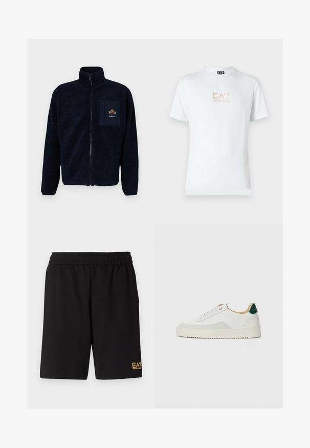 Navy blue fleece zip jacket featuring a high collar, textured surface, and a chest pocket with embroidered "BALLY" logo.; White cotton t-shirt featuring a round neckline and short sleeves, with a gold EA7 Emporio Armani logo printed on the front.; Black athletic shorts made of soft fabric,Featuring an elastic waistband and a small yellow EA7 logo on the lower left leg.; White sneaker with suede accents, rounded toe, flat laces, and a cream rubber sole. Features green branding on the heel.