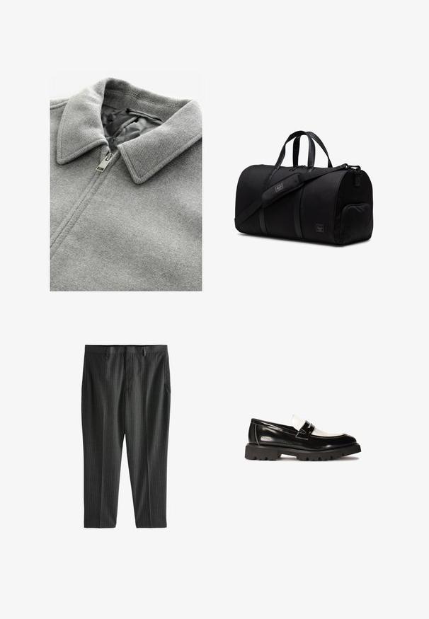 Grå uldfrakke med en struktureret overflade. Har en ombukket krave og en sølvfarvet lynlås, der delvist er åben og afslører en grå foring.; Lys grå strikpullover med kvart-zip krave, ribbet tekstur og lange ærmer, parret med olivengrønne bukser.; Hvid bomulds T-shirt med rund halsudskæring, korte ærmer og en afslappet pasform. Har et enkelt design uden mønstre eller dekorationer.; Next STRIPE-REGULAR FIT - Chino - charcoal grey; Sorte patenterede lædersko med hvid læderdetalje, tykk sort gummisål med godt greb og syet detaljering. Glat tekstur med en skinnende finish.; Sort duffelbag lavet af holdbart stof med læderdetaljer, der har dobbelte håndtag, justerbar skulderrem og en lynlåslomme i siden.