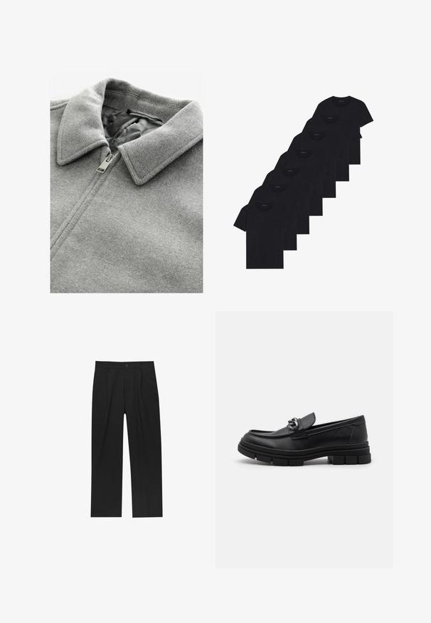 Harmaa villatakki, jossa on teksturoitu pinta. Varustettu käännettävällä kaulukset ja hopeisella vetoketjulla, joka on osittain auki, paljastaen harmaan vuori.; Sarja kahdeksasta mustasta puuvilla-t-paidasta, joissa on lyhyet hihat ja pyöreä kaula-aukko, yksinkertainen muotoilu ja pehmeä rakenne.; Mustat housut suoranlahkeisella muotoilulla, valmistettu sileästä kankaasta. Ominaisuuksiin kuuluu etupleateet ja yksi nappikiinnitys vyötäröllä.; Musta nahkaloaferi pyöreällä varvalla, koristeellisesti varustetulla hihnalla ja metalliosilla sekä paksulla, teksturoidulla pohjalla. Sileä pinta hienovaraisin yksityiskohdin.