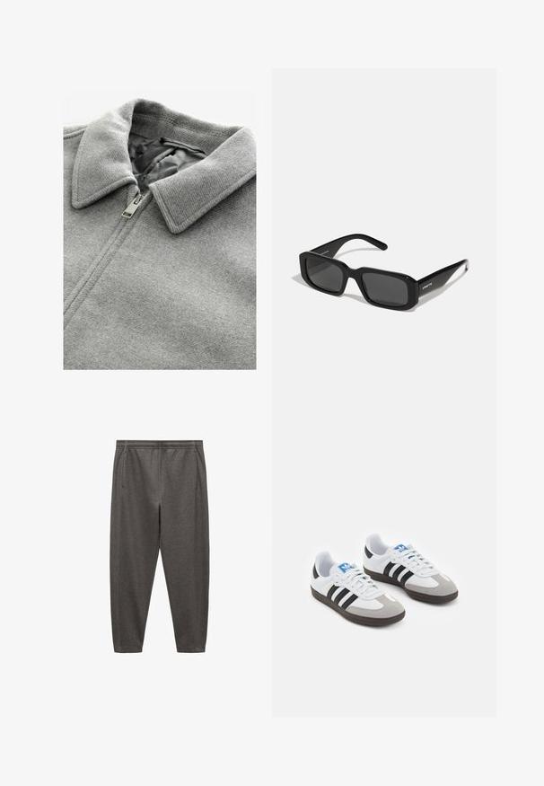 Sivý vlnený kabát s textúrovaným povrchom. Má preložený golier a strieborný zips, ktorý je čiastočne otvorený, pričom odhaľuje sivú podšívku.; Biela bavlnená tričko s okrúhlym výstrihom, krátkymi rukávmi a voľným strihom. Má jednoduchý dizajn bez vzorov alebo akcentov.; Sivé jogger nohavice vyrobené z mäkkého materiálu, s elastickým pásom, bočnými vreckami a zúženým strihom nohavíc.; Športové topánky s bielym koženým zvrškom, šedou semišovou špičkou a tromi čiernymi pruhmi. Obsahujú modré logo na jazyku a štruktúrovanú gumovú podrážku.; Arnette THEKIDD UNISEX - Slnečné okuliare - black