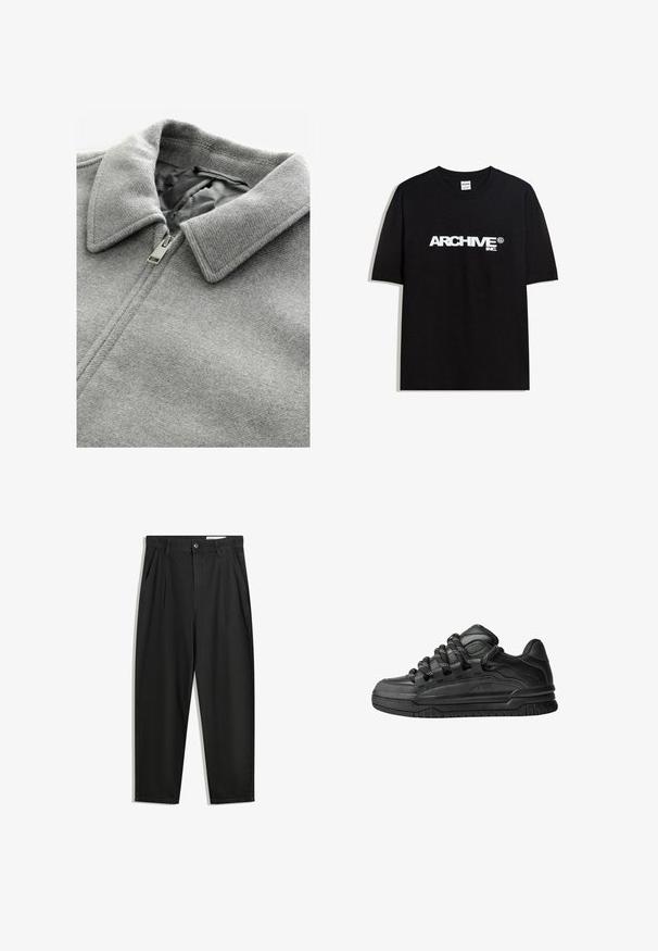 Szürke gyapjú kabát, textúrált felülettel. Hajtható gallérral és ezüst cipzárral rendelkezik, amely részben nyitva van, felfedve a szürke bélést.; Fekete pamut póló, fehér "ARCHIVE inc." logóval a mellkasán, rövid ujjakkal és kerek nyakkivágással.; Fekete pamut nadrág laza szabással, klasszikus derékrésszel, elülső hajtásokkal és oldalsó zsebekkel. Simább textúra minta nélkül.; Fekete sportcipők sima bőrből készült felső résszel, struktúrált kiegészítőkkel, valamint kerek fekete és fehér fűzőkkel. Vastag gumitalp mintázott bordázattal.