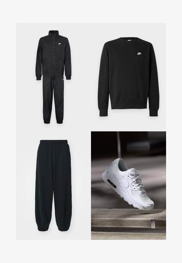 Svart Nike treningsdrakt, med jakke med glidelås og høy krage, elastiske ermer, samt matchende bukser med elastiske nederkant og logoakenter.; Svart genser i bomull med rund hals, lange ermer og en liten hvit Nike-logo øverst til venstre på brystet.; Sorte, joggebukser med elastisk liv, løs passform, mansjetter på ankler, glatt tekstur og uten synlige mønstre eller hardware-detaljer.; Hvit Nike Air Max 90 sneakers med øvre del laget av mesh og skinn, perforert tåboks og en synlig luftenhet i hælen.