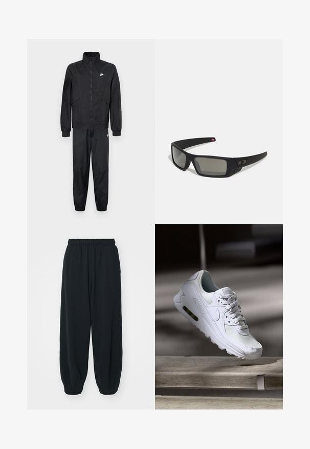 Fekete Nike melegítő, zipzáras dzsekivel, magas gallérral, rugalmas mandzsettákkal, és illeszkedő nadrággal, rugalmas szegéllyel és logóval díszítve.; Fekete, pamutból készült pulóver kerek nyakkal, hosszú ujjakkal és a bal felső mellrészen egy kis fehér Nike logóval.; Fekete, rugalmas derékpántos melegítőnadrág, laza fit, véget érő szárakkal, sima textúrával, látható minták vagy hardver díszek nélkül.; Fehér Nike Air Max 90 sneaker, amely hálós és bőr felsőrésszel, perforált orr-résszel és látható légpárnás egységgel rendelkezik a saroknál.; Fekete napszemüveg matt felülettel, téglalap alakú lencsékkel, enyhe ívvel a templomokon, diszkrét logó részlettel és füstszínű lencsékkel.