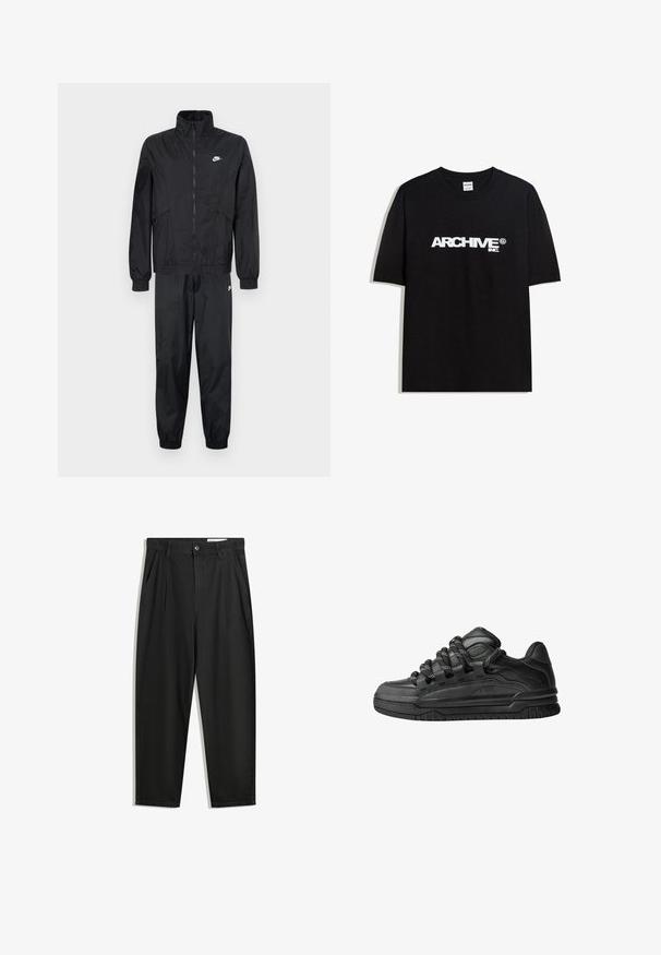 Schwarzer Nike Trainingsanzug, bestehend aus einer zipfeljacke mit hohem Kragen, elastischen Bündchen und passenden Hosen mit elastischen Säumen und Logo-Details.; Schwarzes Baumwoll-T-Shirt mit einem weißen "ARCHIVE inc." Logo auf der Brust, kurzen Ärmeln und einem Rundhalsausschnitt.; Schwarze Baumwollhose mit lockerem Schnitt, ausgestattet mit einem klassischen Bund, vorderen Falten und Seiten taschen. Glatte Textur ohne Muster.; Schwarze Sneakers mit einem glatten Leder-Obermaterial, strukturierten Akzenten und runden schwarz-weißen Schnürsenkeln. Dicke Gummisohle mit einem gemusterten Profil.