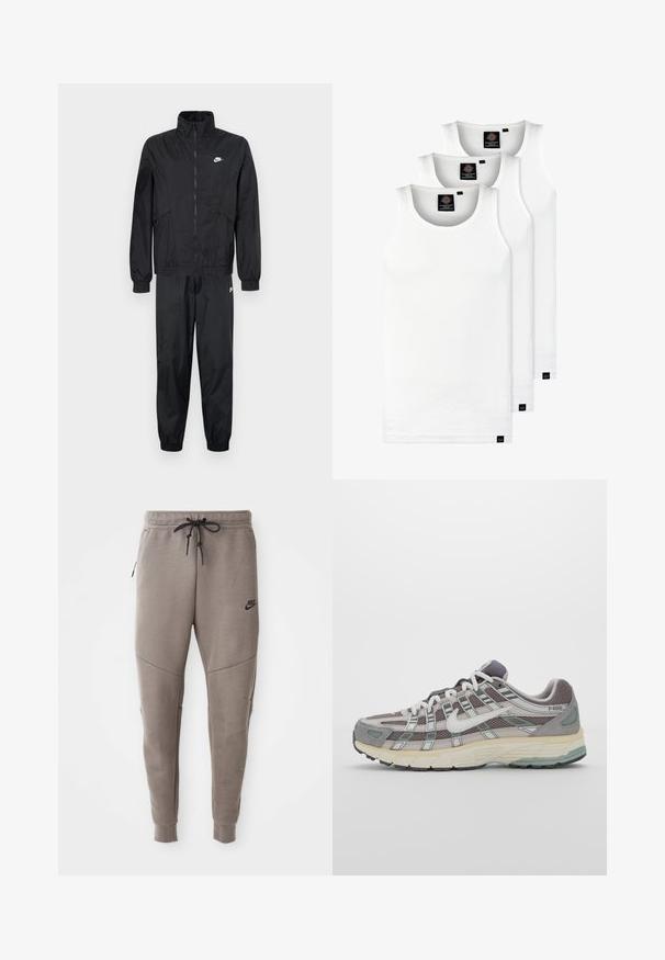 Černý Nike teplákový komplet, který obsahuje zipovou bundu s vysokým límcem, elastickými manžetami a odpovídající kalhoty s elastickými lemy a logovými detaily.; Tři bílé žebrované tílka vyrobené z bavlny. Mají kulatý výstřih a malé černé štítky poblíž lemu. Dostupné v několika velikostech.; Šedé Nike tepláky s elastickým pasem na šňůrku, zúženými nohavicemi, bočními kapsami a charakteristickým švem. Měkká, strukturovaná tkanina.; Šedá sportovní obuv s vrchní částí z mikrovlákna a semiše, bílými akcenty, polstrovanou podrážkou a jedinečným designem s reflexními prvky.