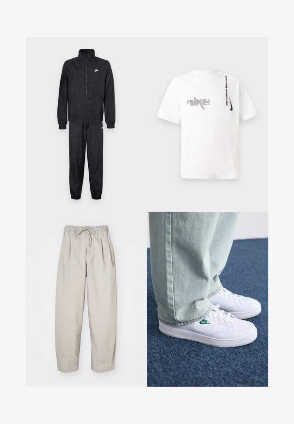 Fato de treino preto da Nike, com uma jaqueta com fecho éclair e gola alta, punhos elásticos e calças correspondentes com bainhas elásticas e acentos de logotipo.; T-shirt de algodão branco com um proeminente logótipo cinza da Nike e o texto preto "International Sportswear" no lado esquerdo. Mangas curtas.; Calças leves, bege, com cintura elástica e cordão. Apresenta pregas e um corte largo, confeccionadas em tecido suave e liso.; Tênis de couro brancos com logo verde da Nike, bico redondo, sola plana, combinados com calças de denim azul claro, exibidos sobre um tapete azul.