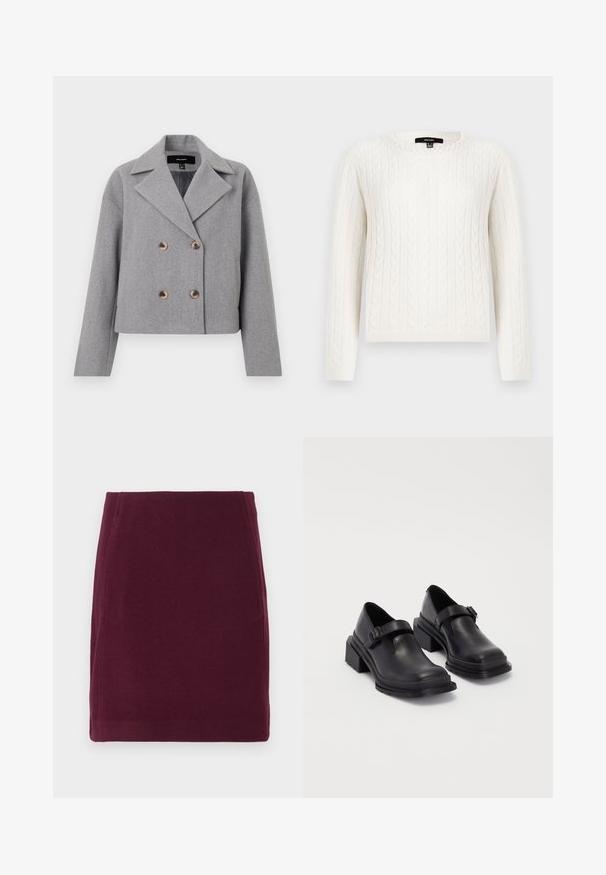 Sivi skraćeni kaput s dvostrukim kopčanjem, rever kragnom i drvenim dugmadima. Izrađen od teksturiranog materijala s dugim rukavima.; Bijela pletiva s uzorkom, dugih rukava, okruglog izreza, s ukrasnim bisernim detaljem na ovratniku. Mekana tekstura i prilagođeni dizajn.; Vero Moda VMFORTUNALLISON SHORT - Suknja A kroja - winetasting; Crne kožne cipele s okruglim vrhom, ravnim đonom i remenom s detaljem kopče. Debeli blok peti za dodatnu stabilnost.